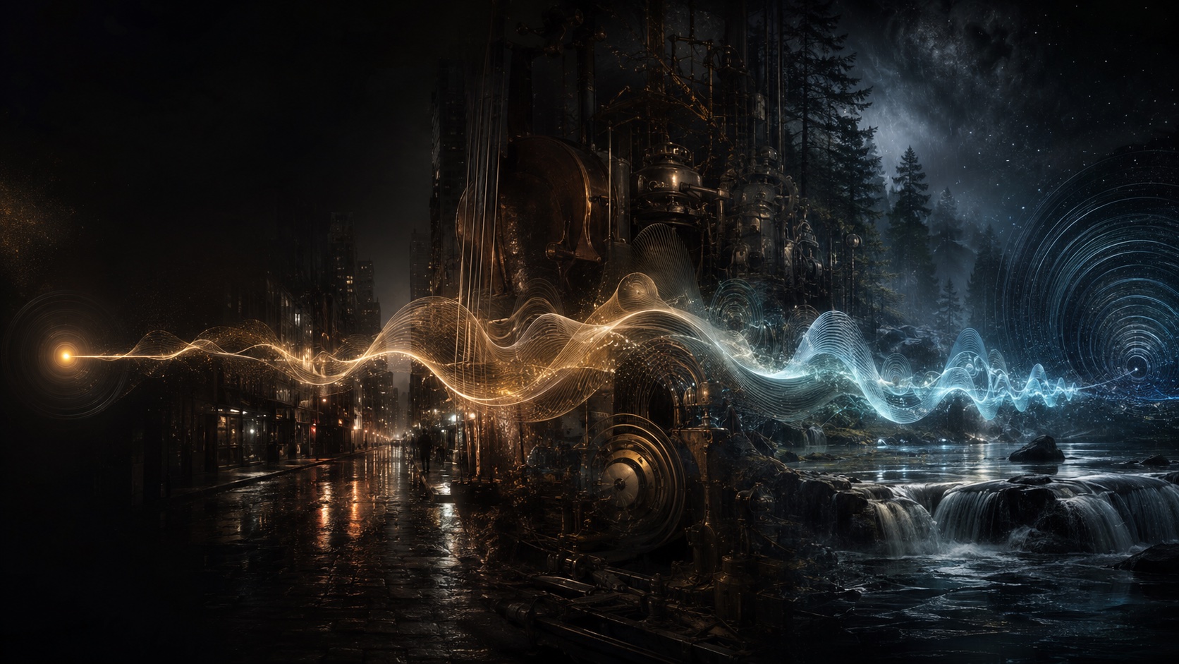 A luminous sound wave moving through city streets, machinery, forest, and water