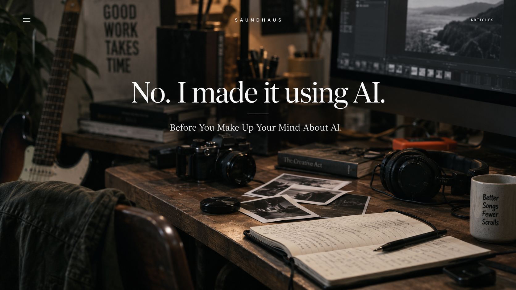 Creative studio workspace with guitar, camera, headphones, photographs, and the words ‘No. I made it using AI.’
