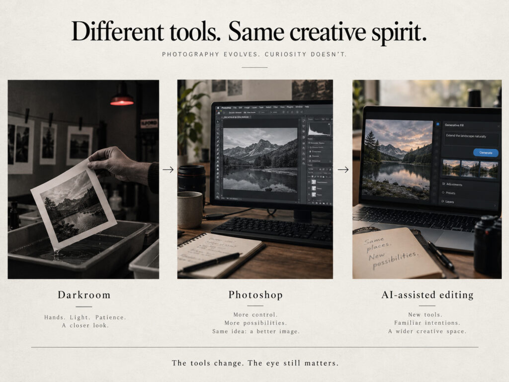 Darkroom, Photoshop, and AI-assisted editing shown as an evolution of photographic tools