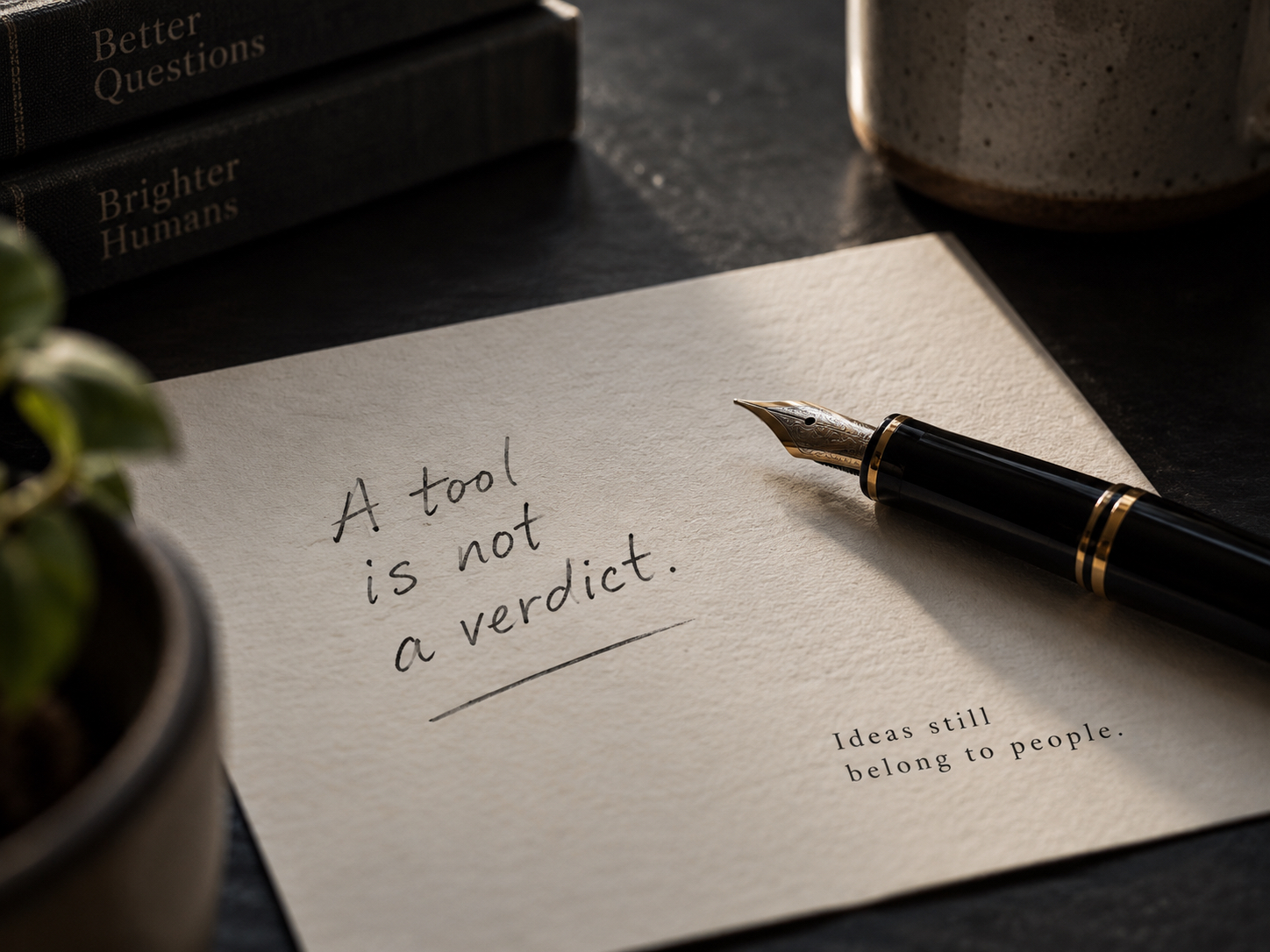 Fountain pen beside the words ‘A tool is not a verdict. Ideas still belong to people.’